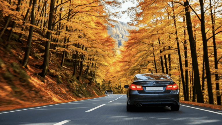 Symbolbild für die herbstliche Wechselsaison für KFZ-Versicherungen mit Auto, das durch eine Herbstlandschaft fährt.