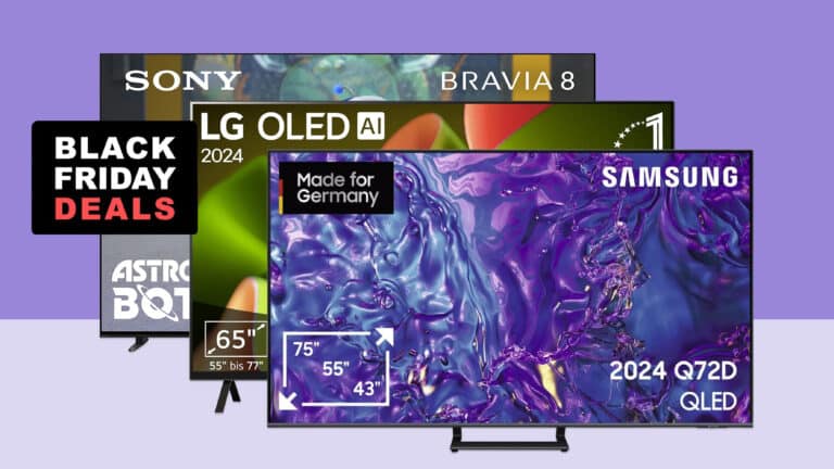 Smart-TV vor rotem Hintergrund mit Banderole mit Hinweis zum Black Friday