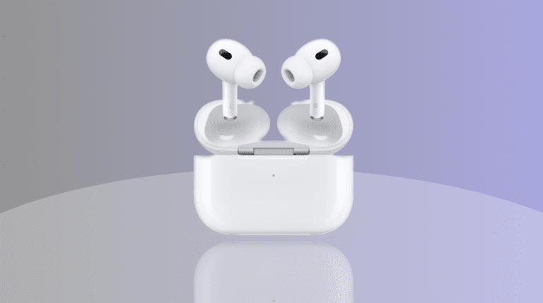 Apple Airpods Pro 2 vor einem Hintergrund in Grau und Lila
