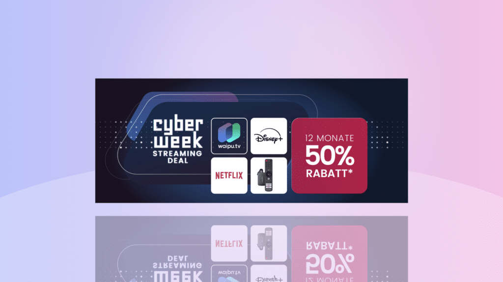Aktuelles Cyber Week Angebot bei Waipu.tv auf lila Hintergrund
