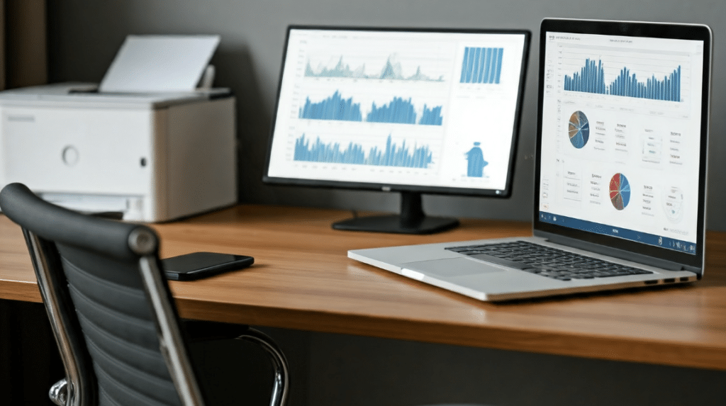 Homeoffice-Ausstattung mit Laptop, Monitor und Drucker auf einem Schreibtisch