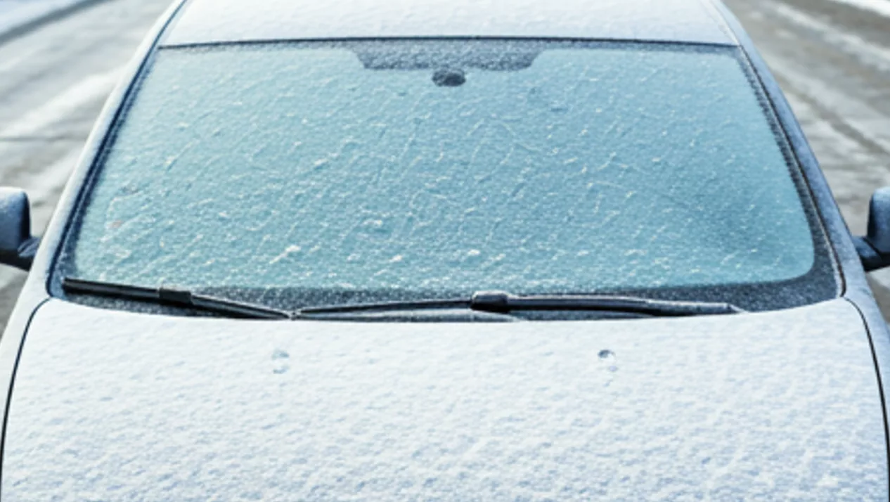 Zugefrorene Windschutzscheibe eines PKW als Symbolbild für Autozubehör im Winter