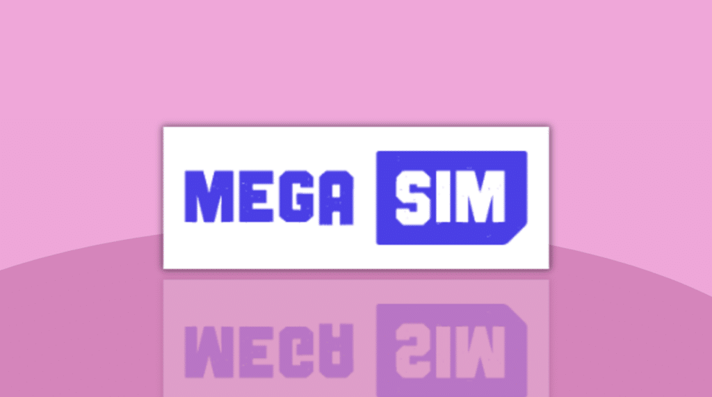 Mega-Sim Logo auf fliederfarbenem Hintergrund