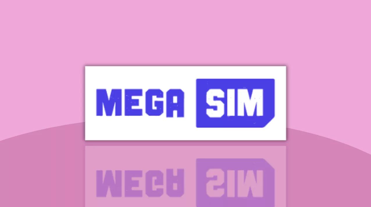 Mega-Sim Logo auf fliederfarbenem Hintergrund