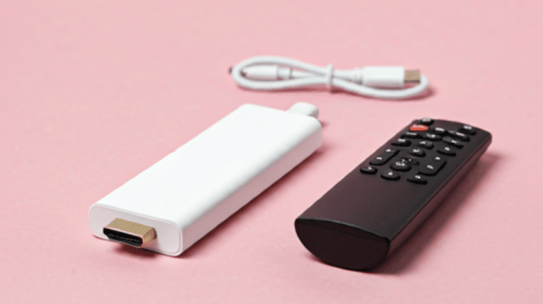 TV-Stick mit Fernbedienung auf einem rosa Untergrund