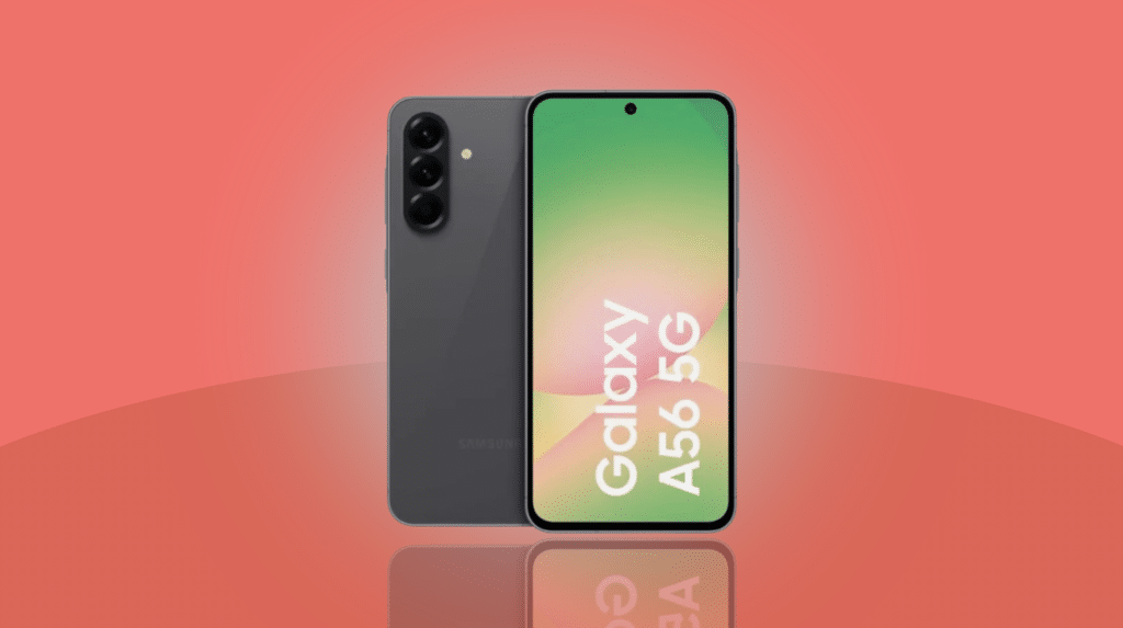 Samsung Galaxy A56 vor rotem Hintergrund
