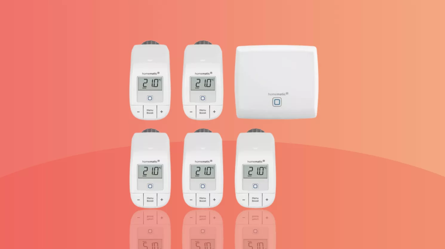 Homeatic Thermostat-Bundle mit Access Point vor rotem Hintergrund