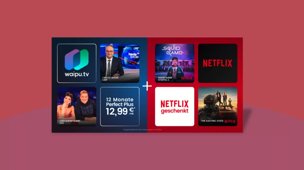 Waipu.tv mit Netflix vor rotem Hintergrund