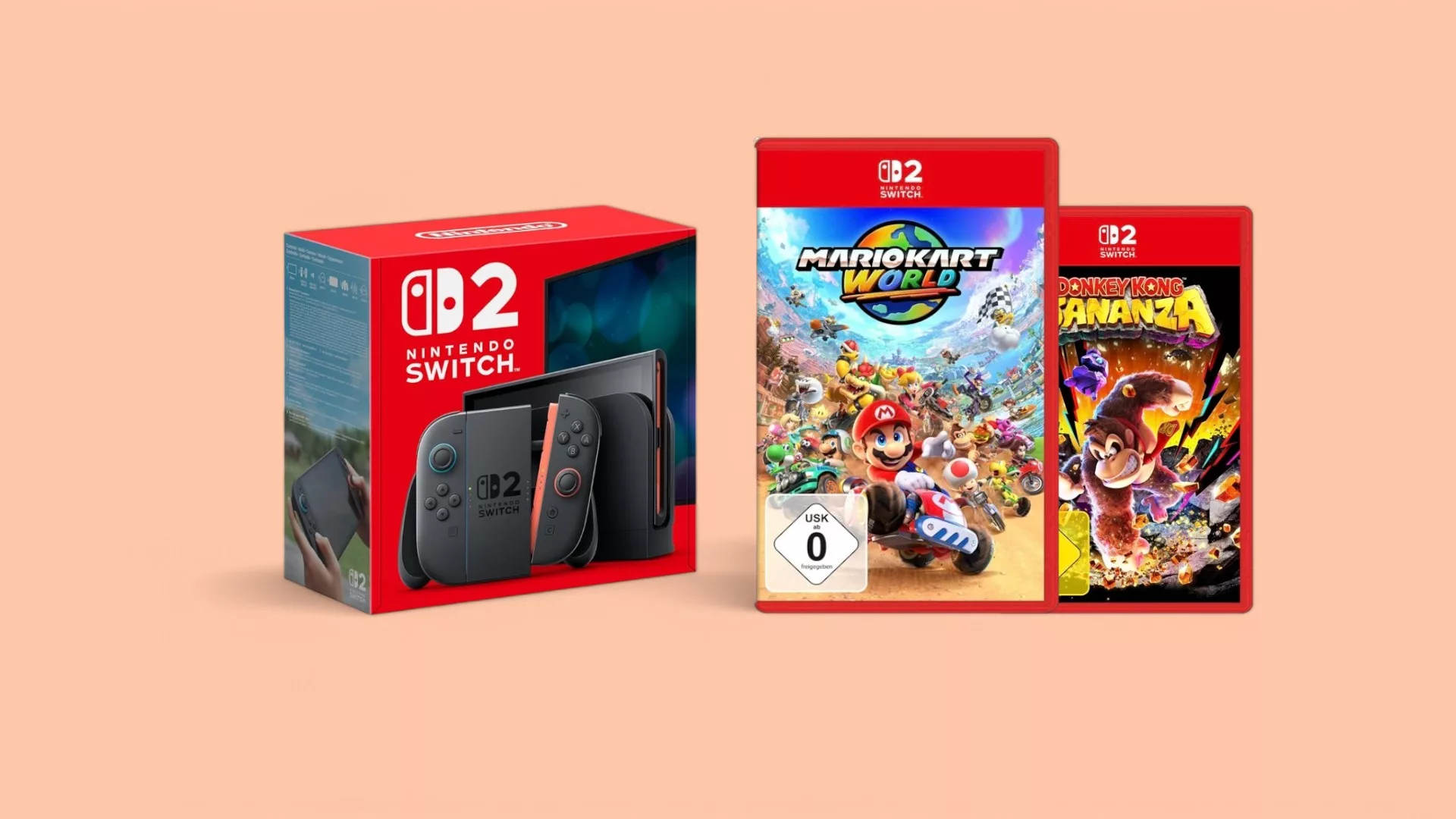 Switch2-Spiele und Nintendo Switch2 vor pinkem Hintergrund
