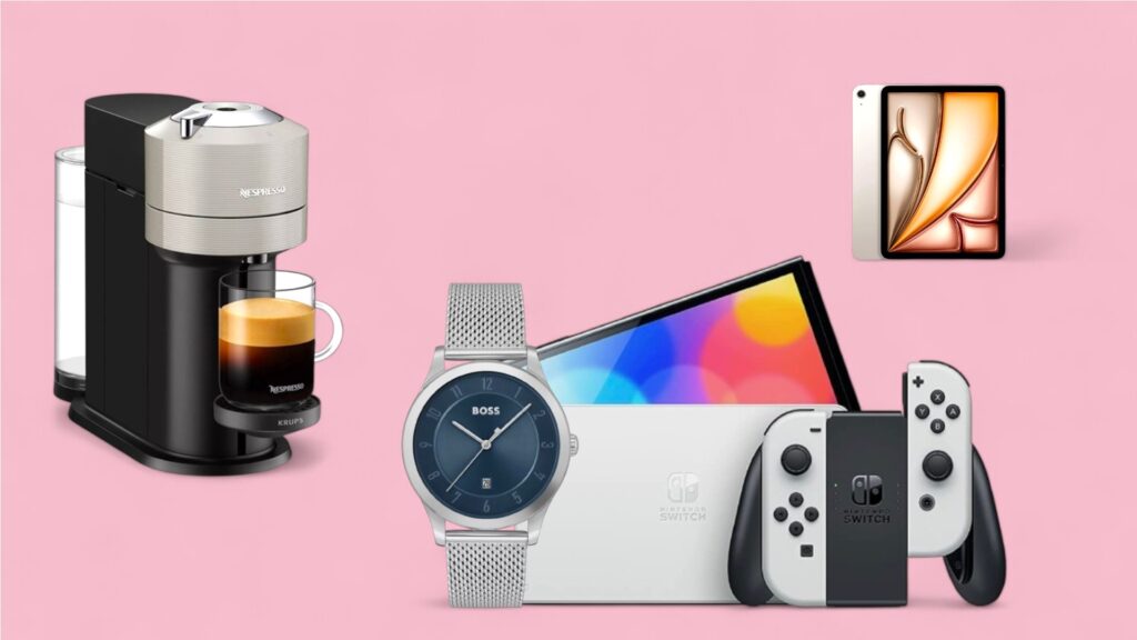 Nespresso Verturo Next, Nintendo Switch und iPad Air vor blauem Hintergrund
