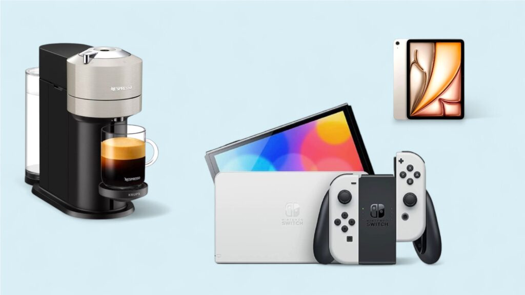 Nespresso Verturo Next, Nintendo Switch und iPad Air vor blauem Hintergrund