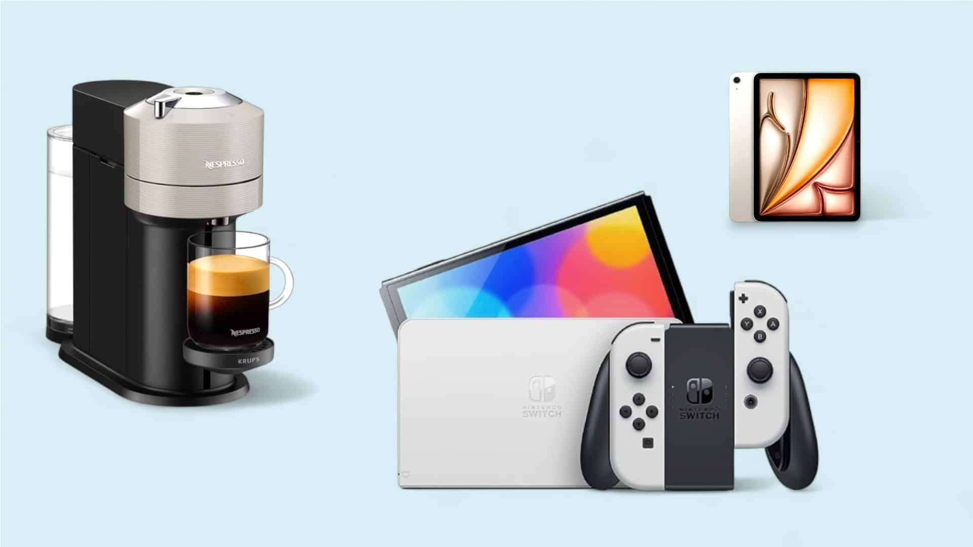 Nespresso Verturo Next, Nintendo Switch und iPad Air vor blauem Hintergrund