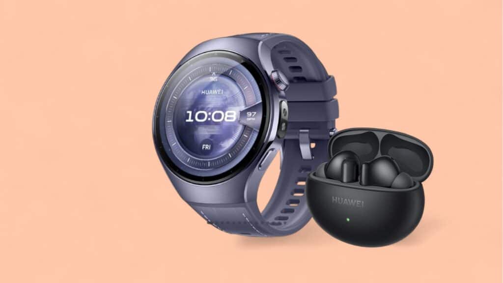 Huawei Watch 5 im Angebot vor pfirsichfarbenem Hintergrund