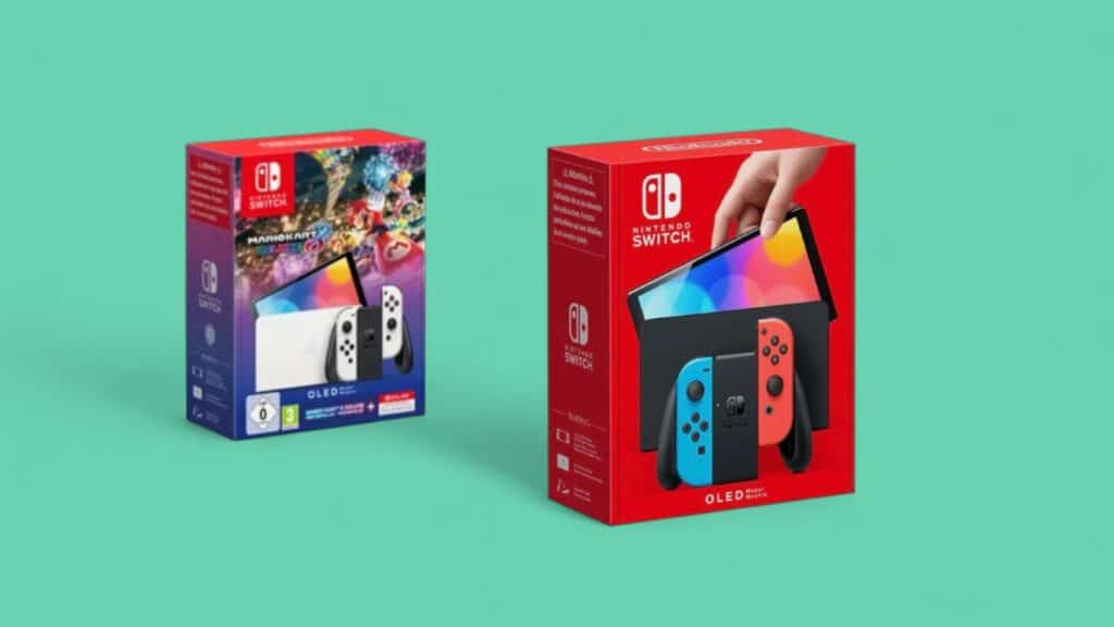 Nintendo Switch OLED Angebot vor grünem Hintergrund