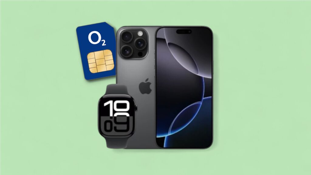 iPhone 16 Pro Max mit Tarif vor grünem Hintergrund