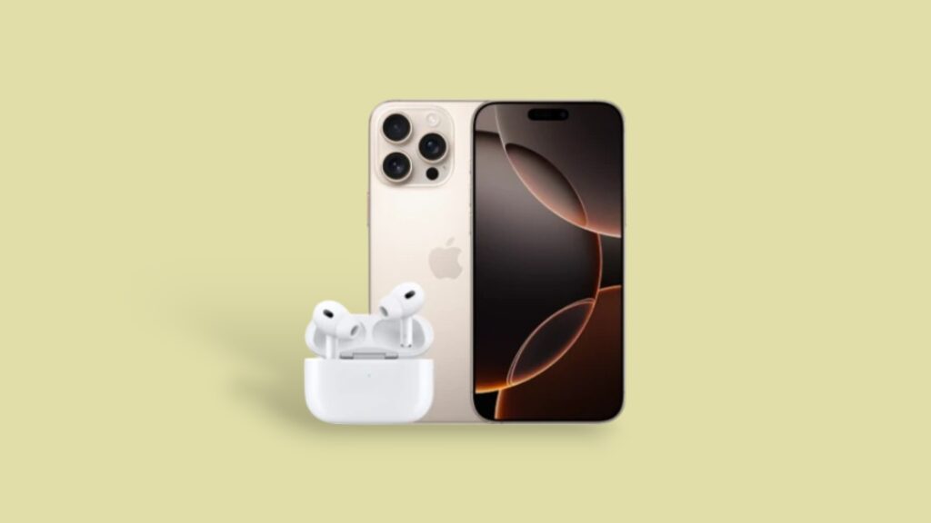 iPhone 16 Pro Max mit AirPods Pro 2 vor grpnem Hintergrund