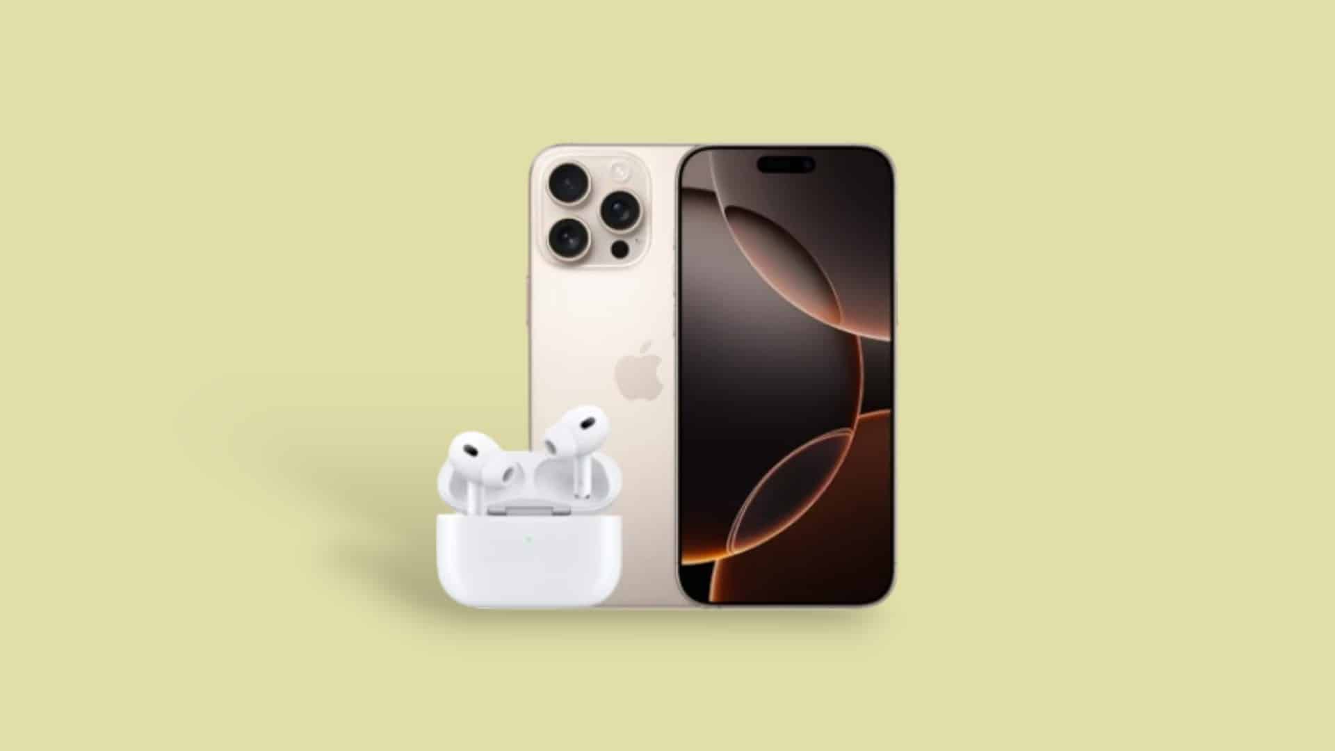 iPhone 16 Pro Max mit AirPods Pro 2 vor grpnem Hintergrund