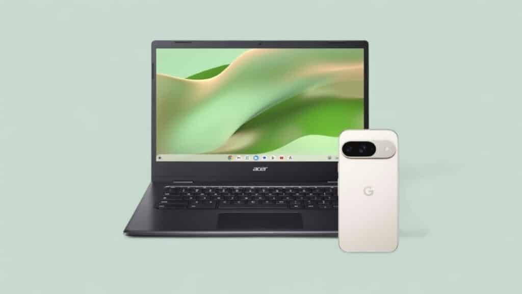 Google Pixel 9 mit Chromebook von Acer vor grünem Hintergrund