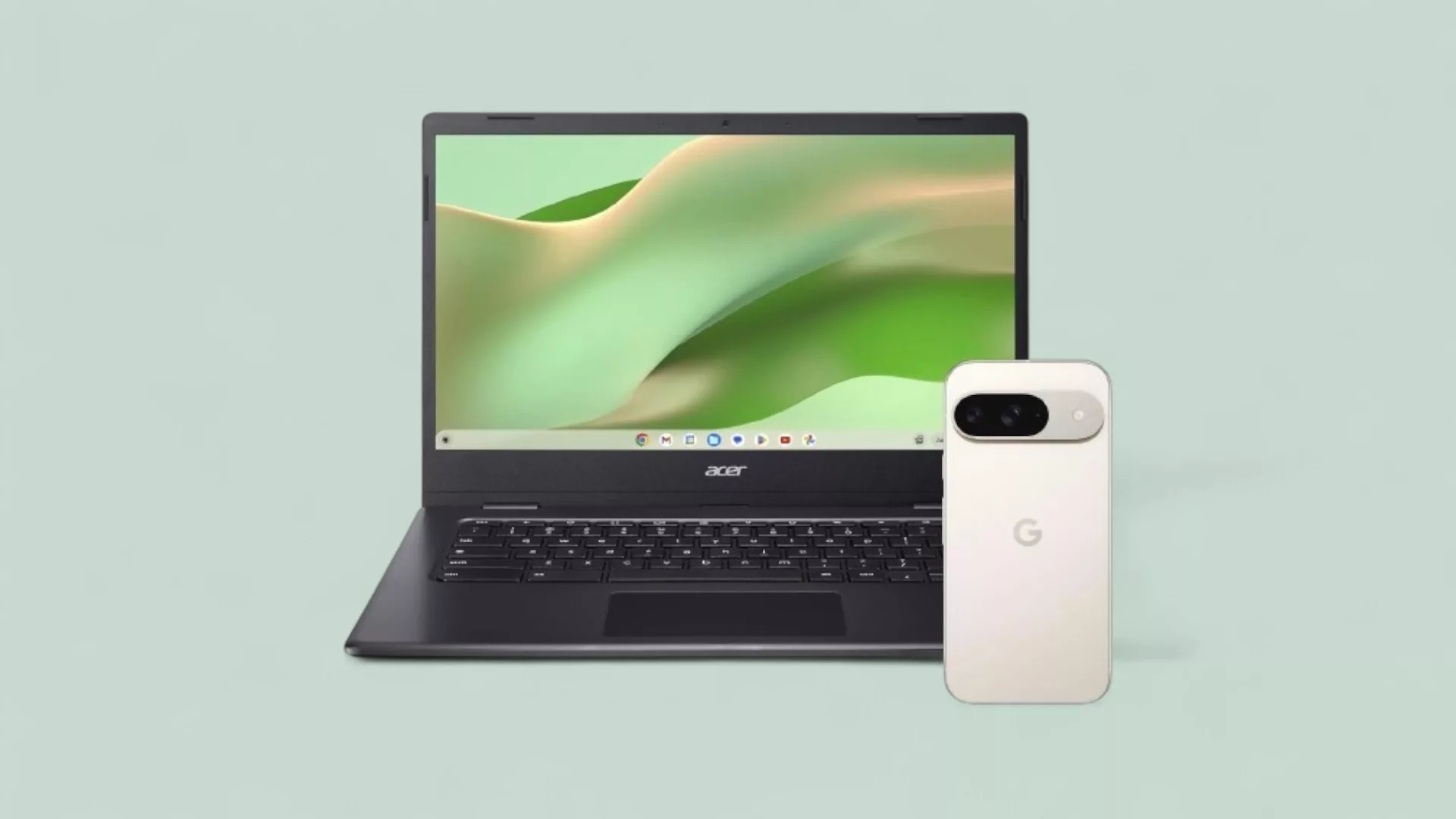 Google Pixel 9 mit Chromebook von Acer vor grünem Hintergrund