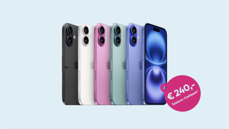iPhone 16 mit 50 GB im Telekom-Netz vor blauem Hintergrund