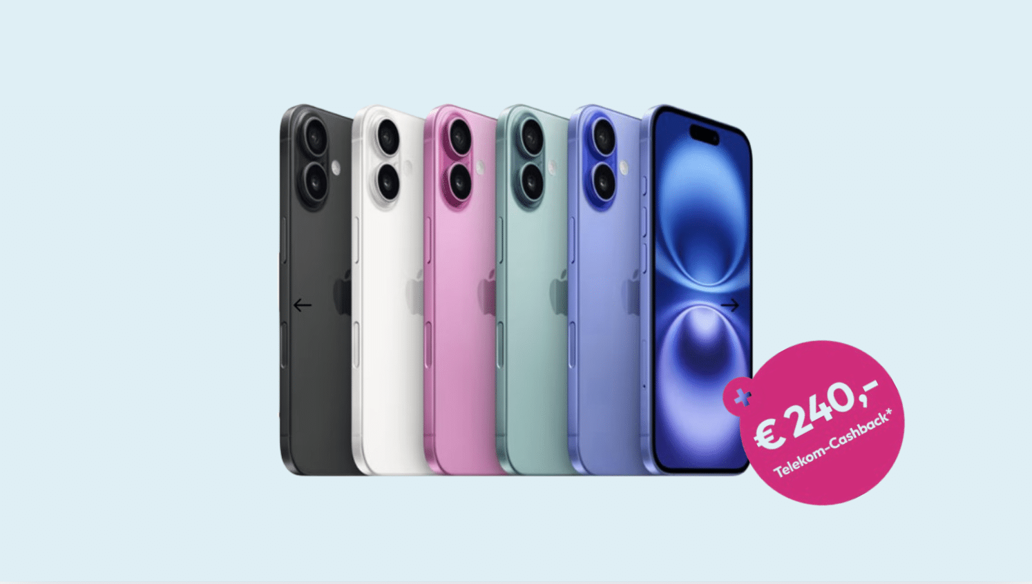 iPhone 16 mit 50 GB im Telekom-Netz vor blauem Hintergrund