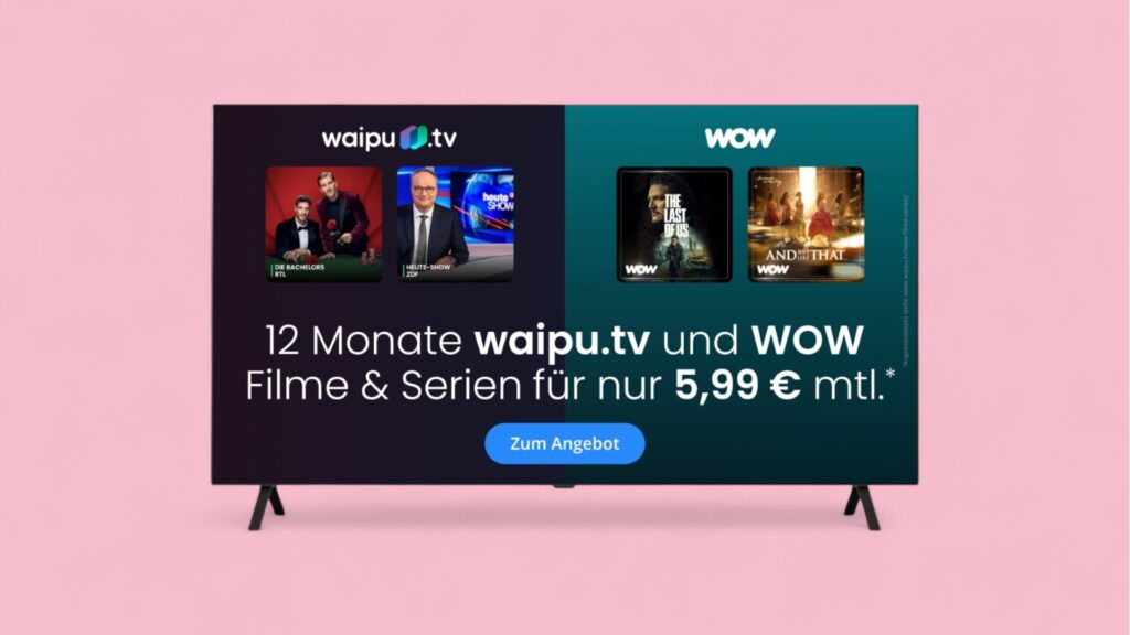 Waipu.tv Angebot mit Wow Filme und Serien vor rosa Hintergrund