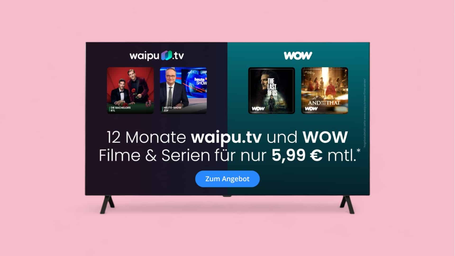Waipu.tv Angebot mit Wow Filme und Serien vor rosa Hintergrund