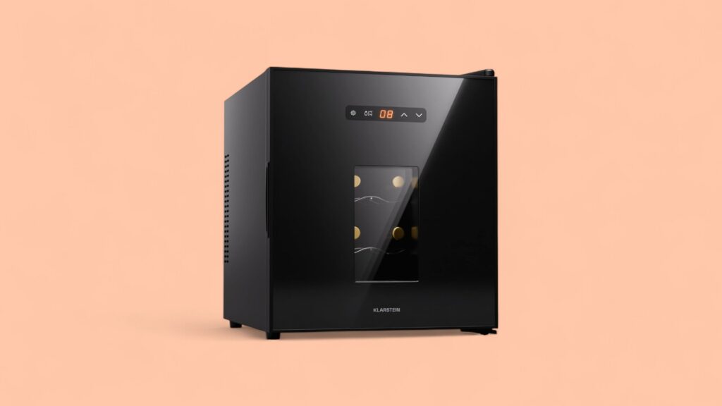 Weinkühlschrank vor orangem Hintergrund