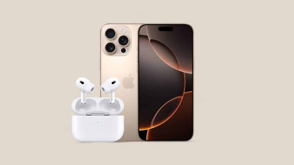 iPhone 16 Pro Max mit AirPods Pro 2 vor beigem Hintergrund