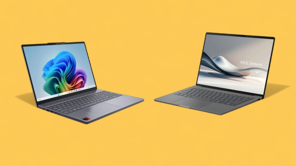 Asus und Lenovo Laptops im Angebot vor gelbem Hintergrund