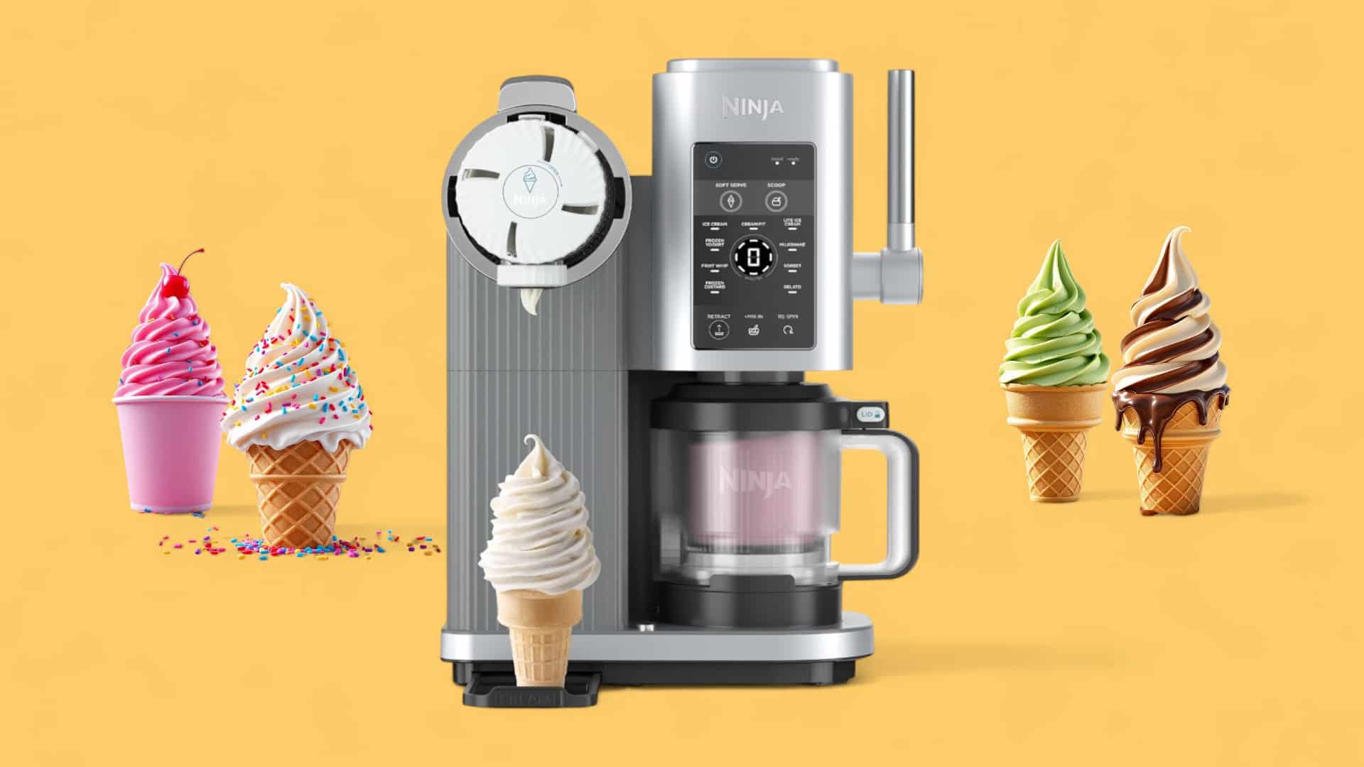 Ninja Swirl im Angebot mit Softeis vor gelbem Hintergrund