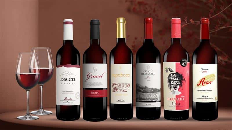 Sechs Flaschen Rioja-Rotwein stehen auf einem Tisch. Daneben stehen zwei Wein-Gläser.