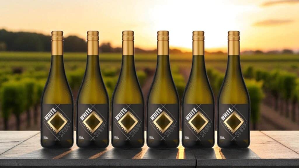 Sechs Flaschen Weißwein auf einem Tisch vor einem Wein-Anbaugebiet.
