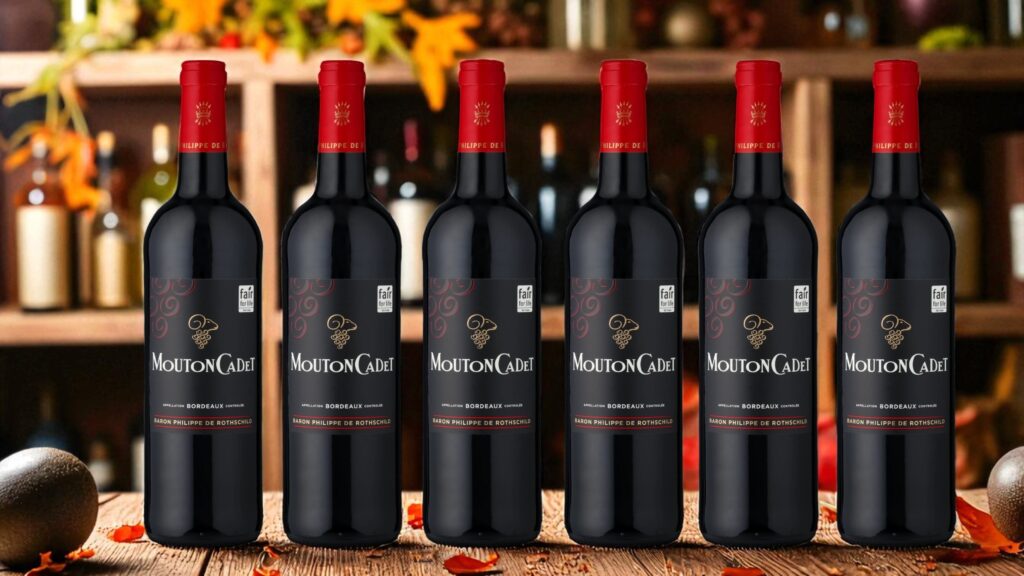 Sechs Flaschen Rotwein auf einem Holztisch vor einem Wein-Regal