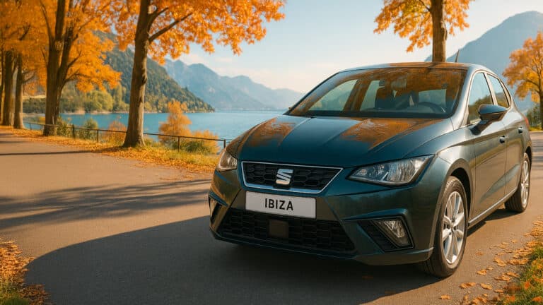 Seat Ibiza auf Straße vor einem See. Im Hintergrund Berge und herbstlich gefärbte Bäume