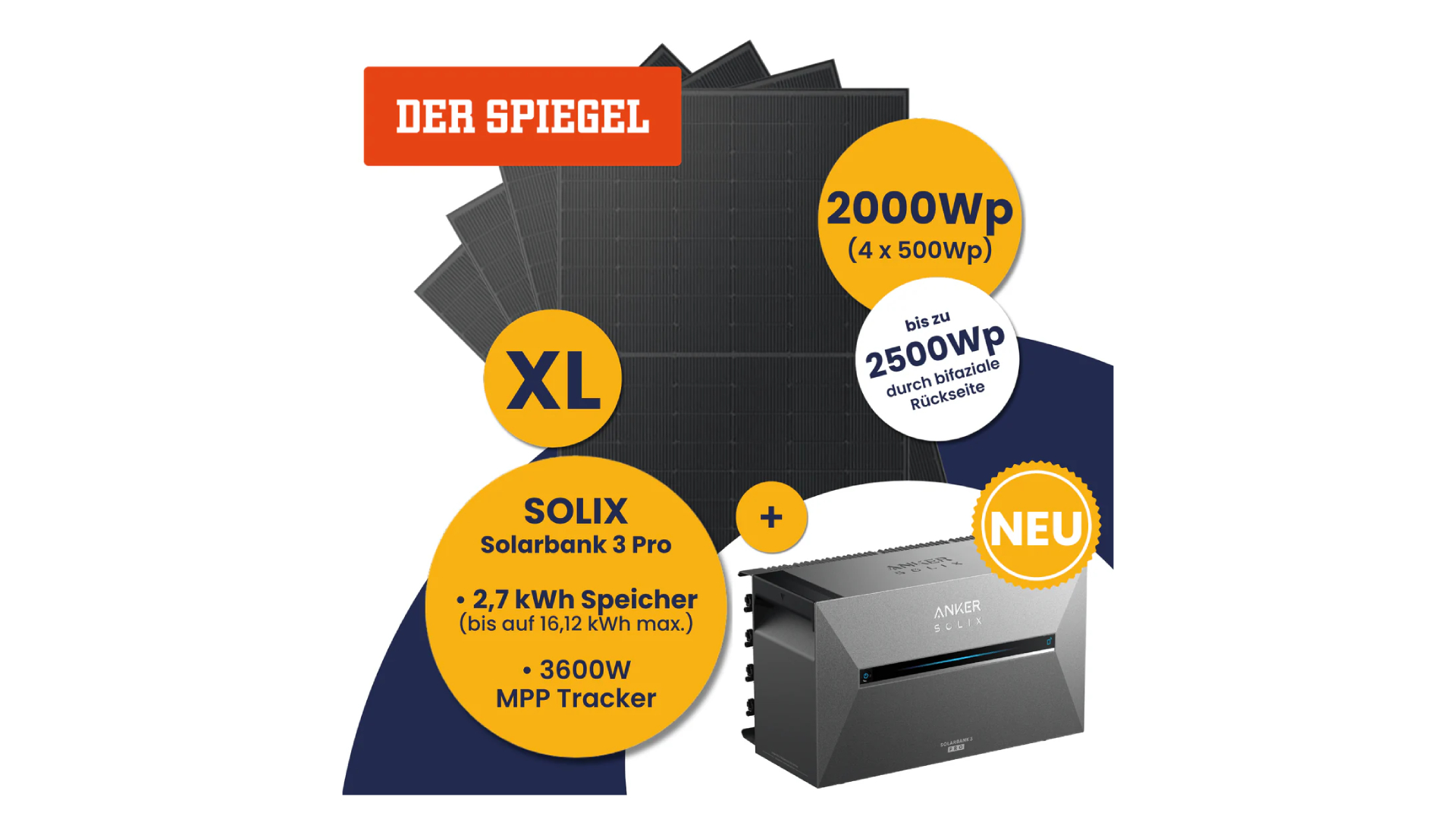 Kleines Kraftwerk XL 2000Wp Quattro mit optionaler Halterung und Anker Solarbank 3 E2700 Pro