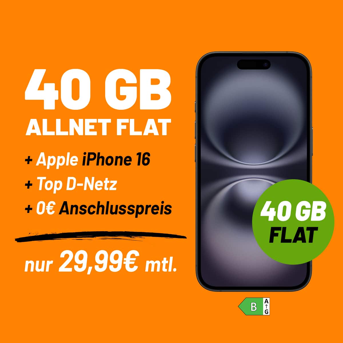 iPhone 16 für einmalig 19,99 Euro + Allnet Flat 40 GB