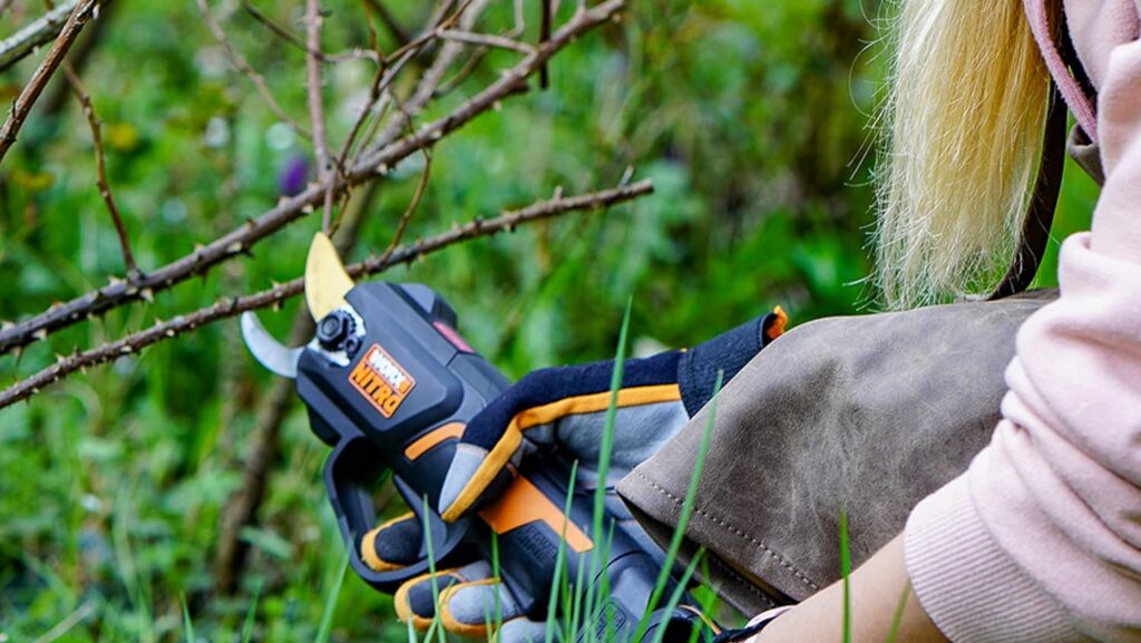 Frau benutzt die Worx Nitro Akku-Schere zum Äste schneiden
