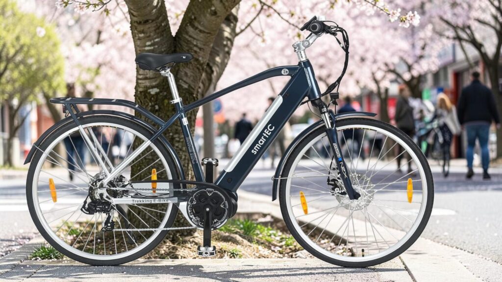Das TrekX E-Bike von Smartec in Dunkelblau vor einem Kirschblütenbaum in der Innenstadt