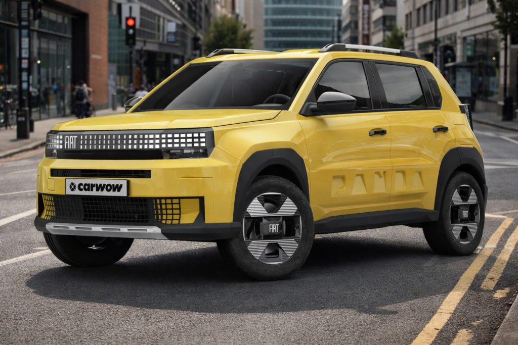 Ein gelber Kompat-SUV Fiat Grande Panda vor Stadtkulisse im Sonnenschein