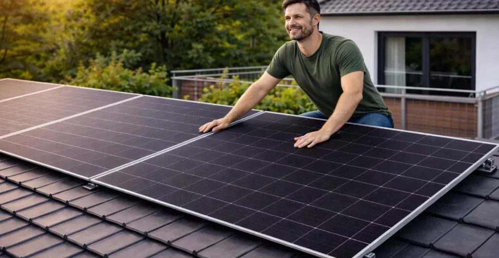 Balkonkraftwerk wird auf einem Dach von einem Mann installiert