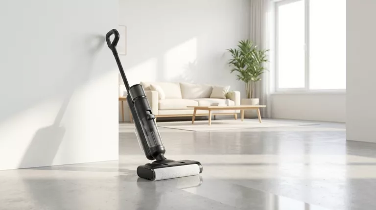 Saugwischer von Chip wischt einen Hartboden im Wohnzimmer.