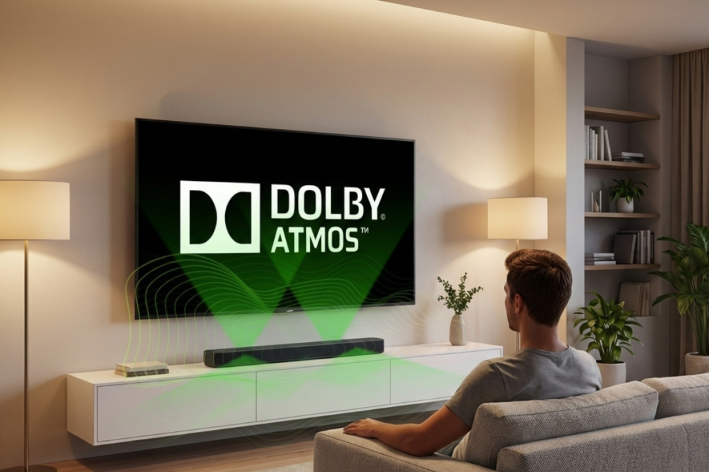 Ein Mann sitzt auf dem Sofa im Wohnzimmer und schaut auf den Fernseher, mit der Chip-Soundbar als Klangquelle.