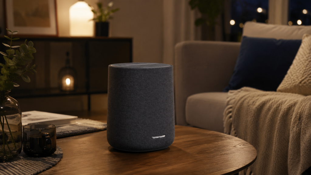 Der Harman-Kardon-Lautsprecher auf einem Holztisch in einem gemütlichen Wohnzimmer. (@KI-generiert / Harman Kardon)
