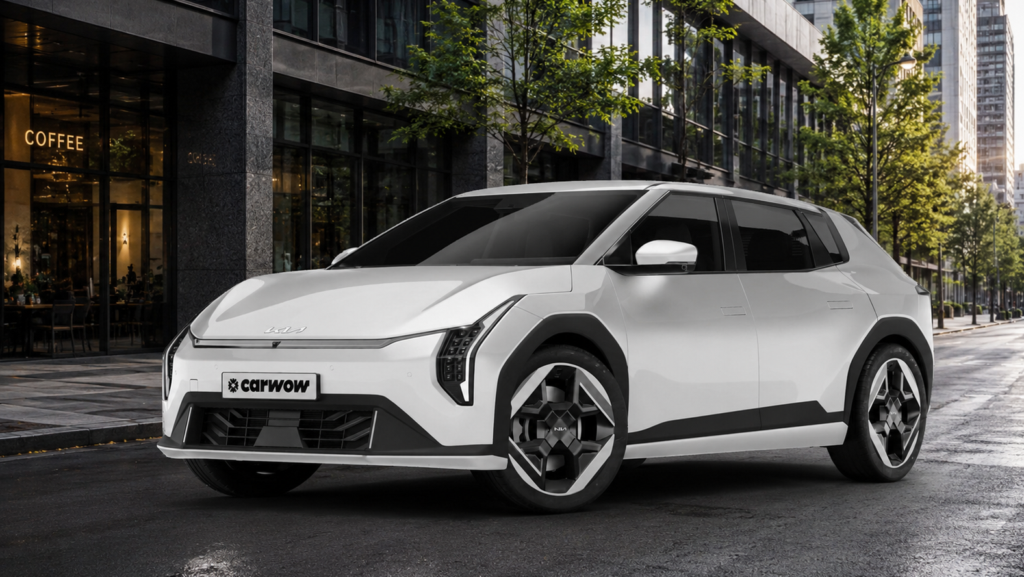 Ein weißer KIA EV4 vor einer Glasfassade auf der Straße