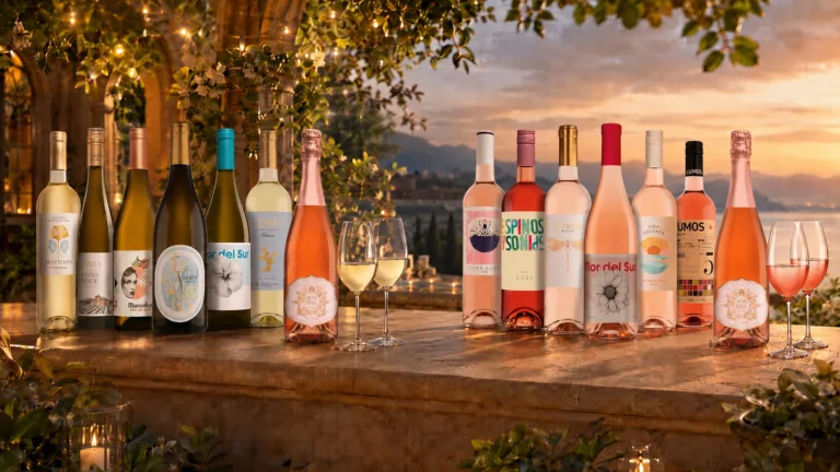 Zwei Sets von Vinos in Rosé oder Weißwein mit je sechs Flaschen, einem Jubiläums-Cava und zwei Schott-Zwiesel-Gläsern vor einem südlichen Sonnenuntergang und Bäumen mit Lichterketten.