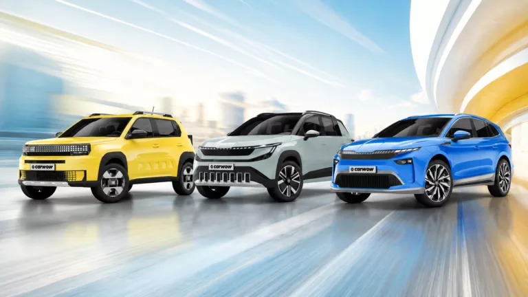 Drei SUVs in gelb, grau und blau vor blau orangem dynamischen Hintergrund in Reihe aufgestellt