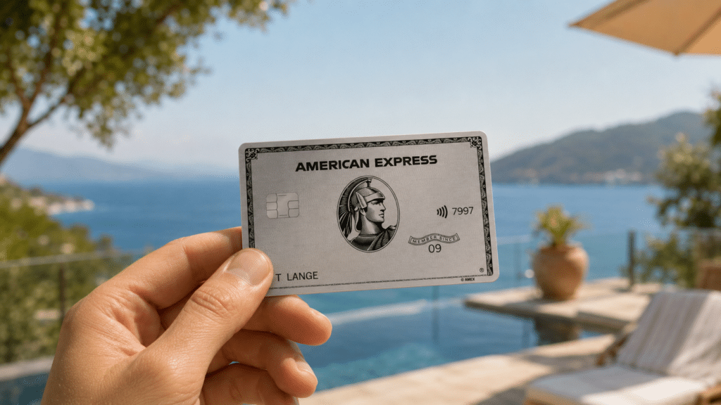 American Express Karte vor Urlaubslocation.
