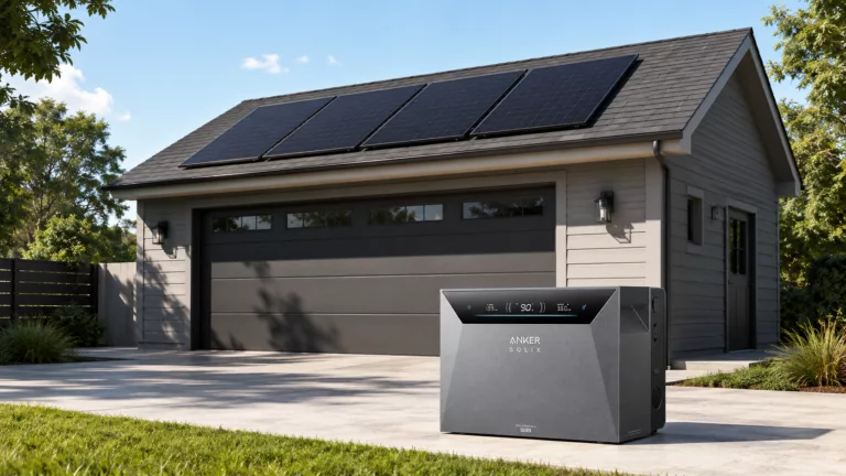 Anker 4 Speicher vor Garage mit 4 PV-Modulen auf dem Dach