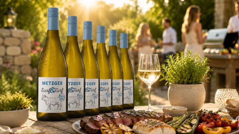 Sechs Flaschen Metzger SurfnTurf Weißwein stehen auf einem Gartentisch, der mit Grill-Speisen gedeckt ist, im Hintergrund findet eine Grillparty statt.
